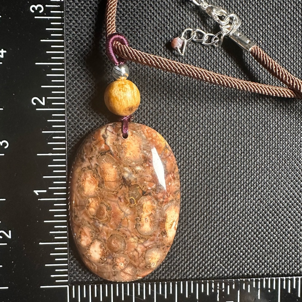 Ocean Jasper Pendant Necklace, Palo Santo Bead on Brown Rope - Picture 7 of 11